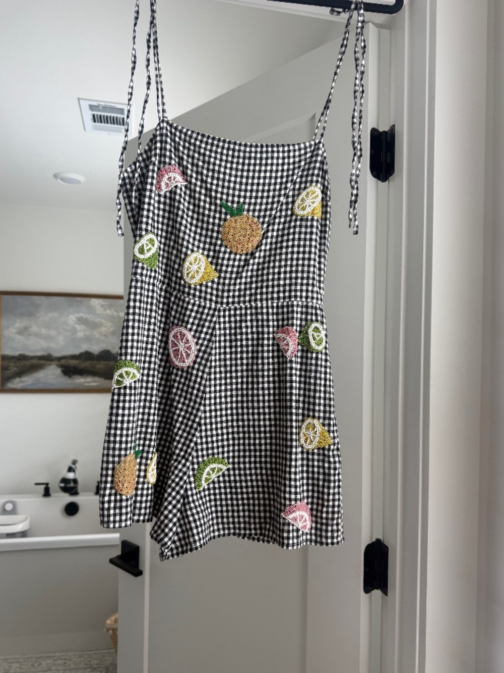 For Love & Lemons Gingham Fruit Embroidered Romper XS